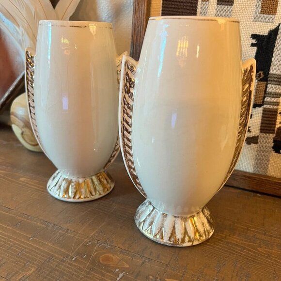 Vintage Set Of Ceramic Art Deco Style Vases With Gold Accents - Picture 2 of 12